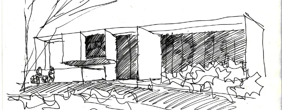 Desenho a mão livre de uma edificação.