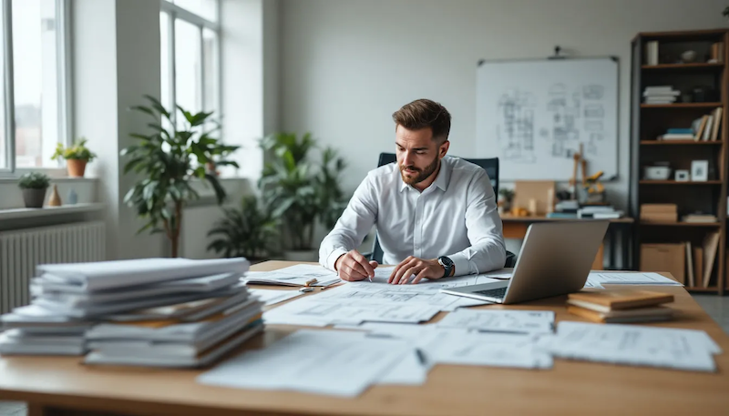 Arquiteto como Perito Judicial analisando documentos.